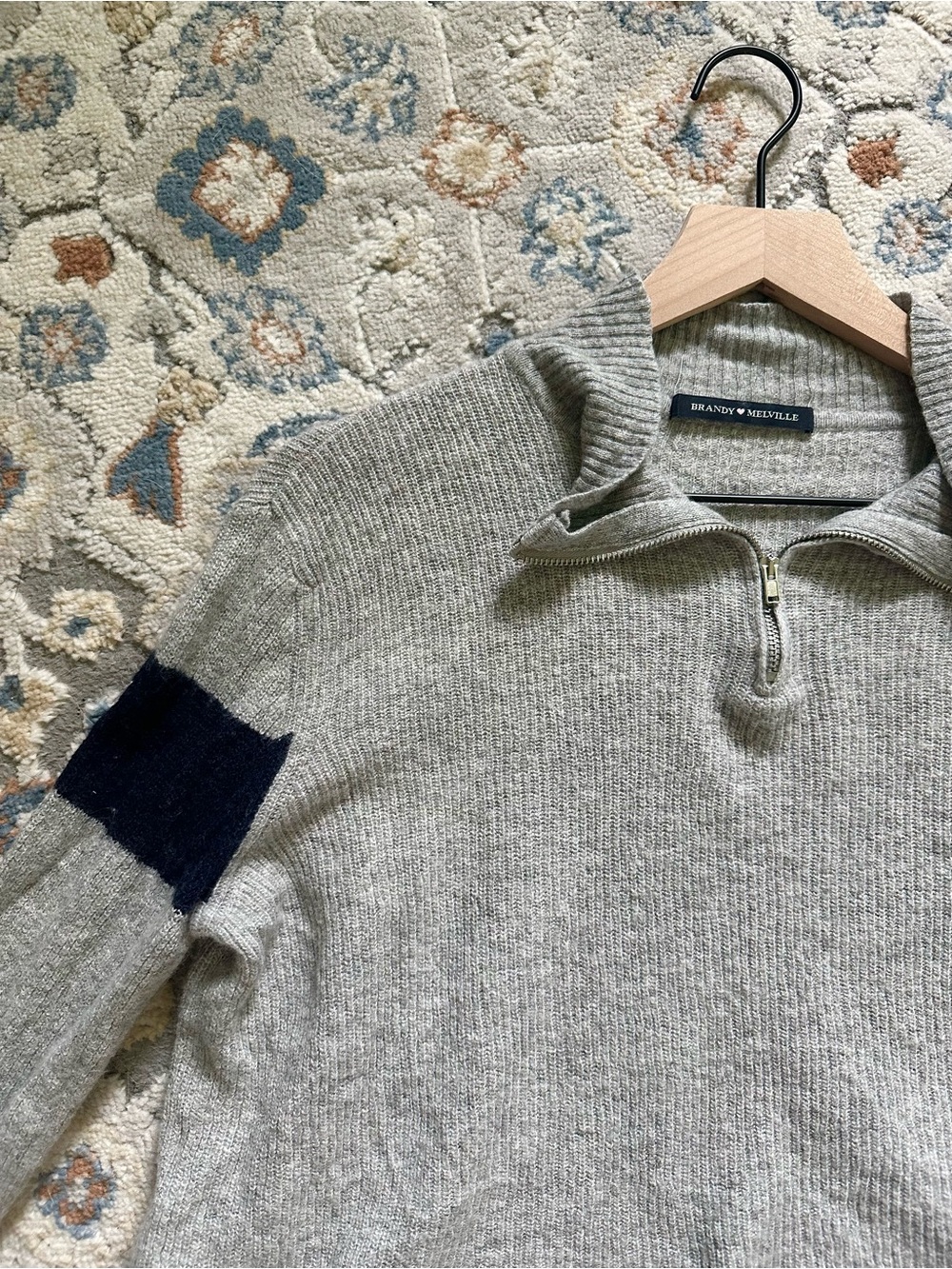 Brandy Melville - Gray Half-Zip Wool Cropped Sweater with Navy Elbow Patch